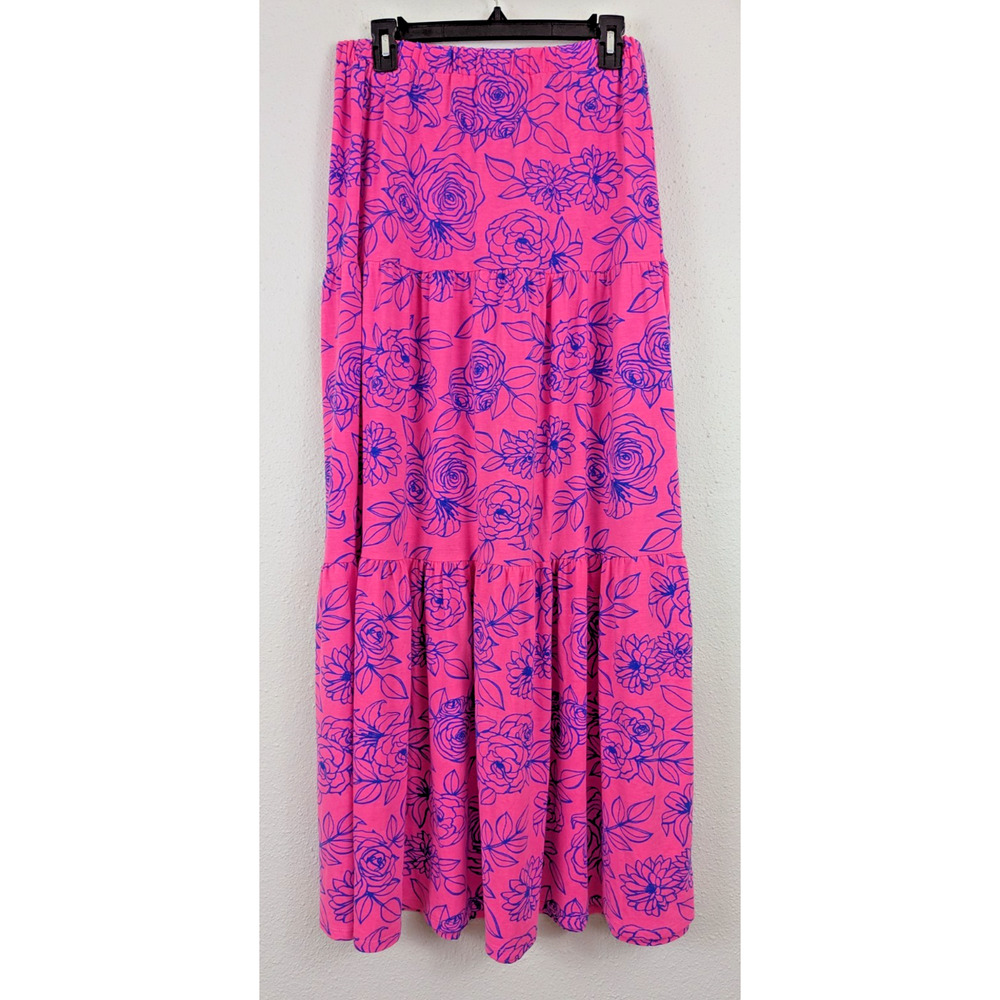 LuLaRoe Pink Maxi Skirt with Blue Floral Print